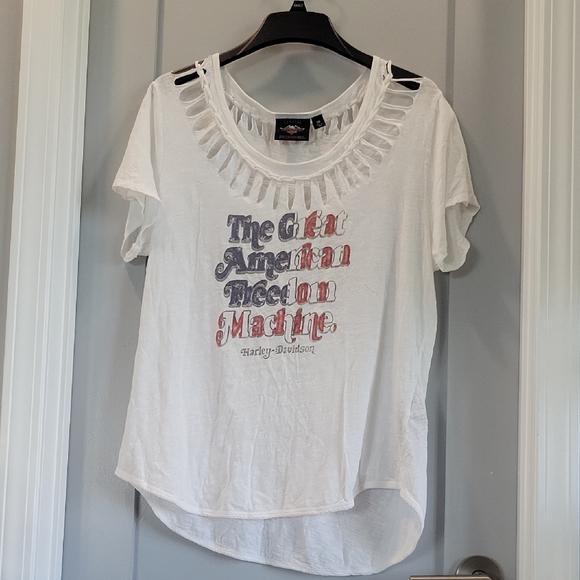 Harley-Davidson Tops - Harley-Davidson White Cut-Out Tee with Graphic Text